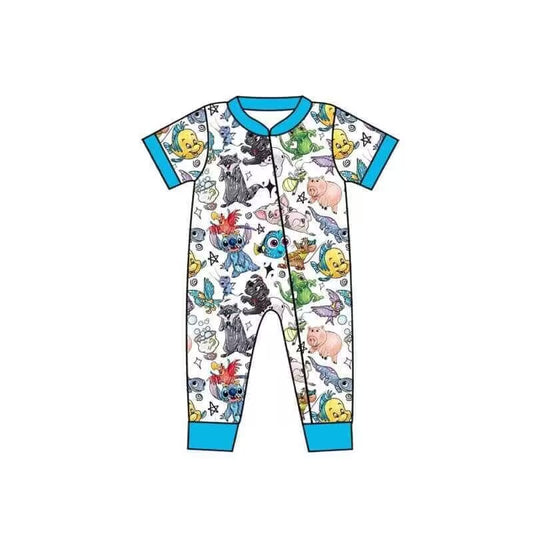 (Custom Design Preorder MOQ 5) Cartoon Animals Print Baby Summer Zipper Romper