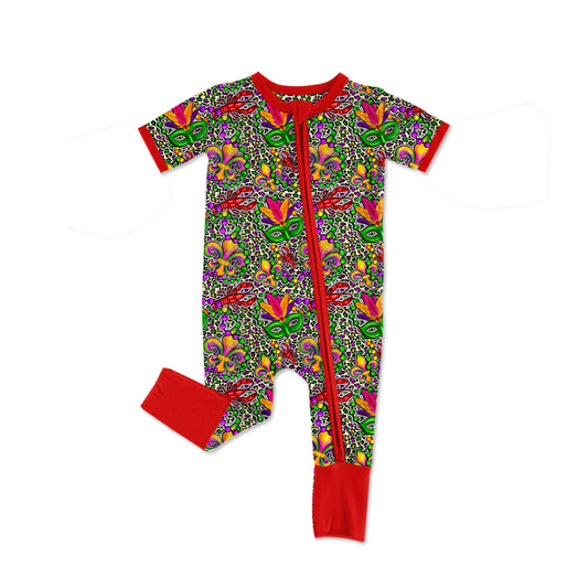 12.4(Custom Design Preorder MOQ 5) Mask Crayfish Leopard Print Baby Mardi Gras Sleeper Zipper Romper