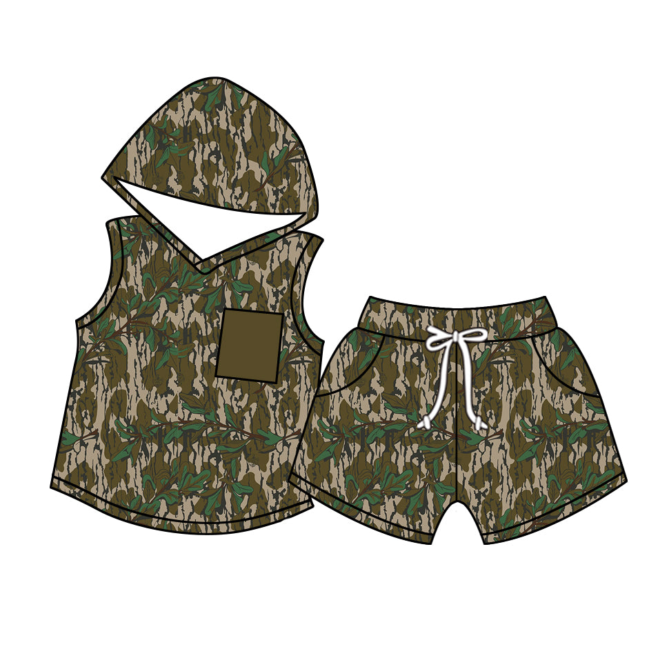 (Custom Design Preorder MOQ 5) Camo Branch Print Boys Hoodie Summer Clothes Set