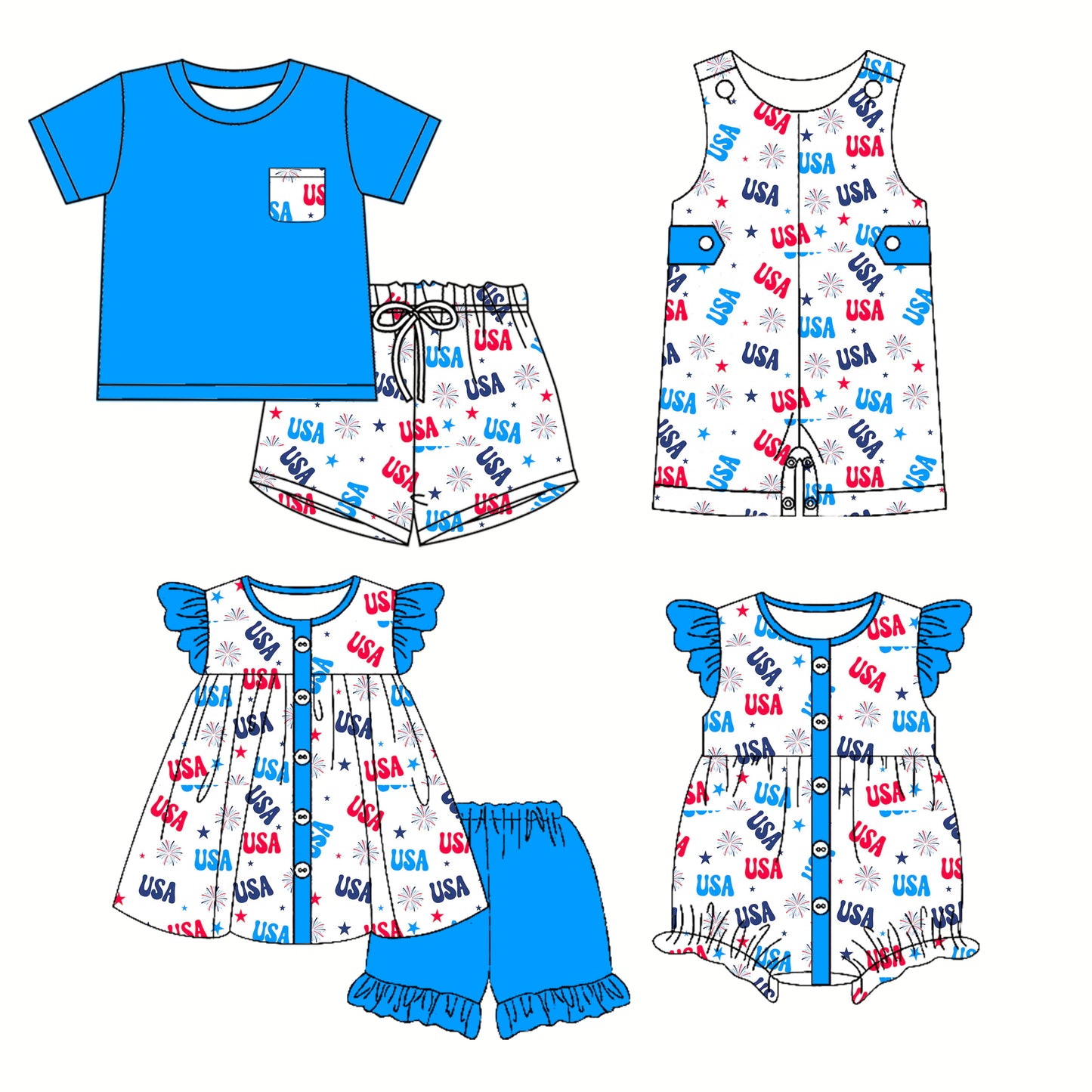 3.31(Custom Design Preorder MOQ 5 Each Design) USA Stars Print Kids 4th of July Matching Clothes Sibling Wear