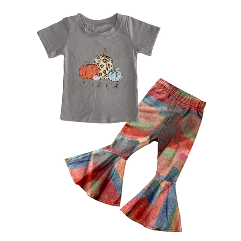 (Custom Design Preorder MOQ 5) Pumpkin Top Tie-dye Bell Pants Girls Fall Clothes Set