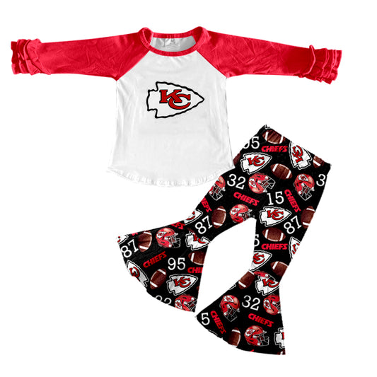 (Custom Design Preorder MOQ 5) Team's KC Red Black Print Raglan Sleeves Top Bell Pants Girls Fall Clothes Set