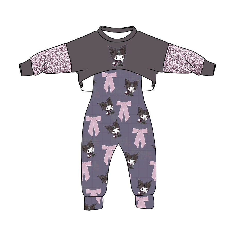 (Custom Design Preorder MOQ 5) Cartoon Animals Bows Print Jumpsuits Girls Fall Clothes Set