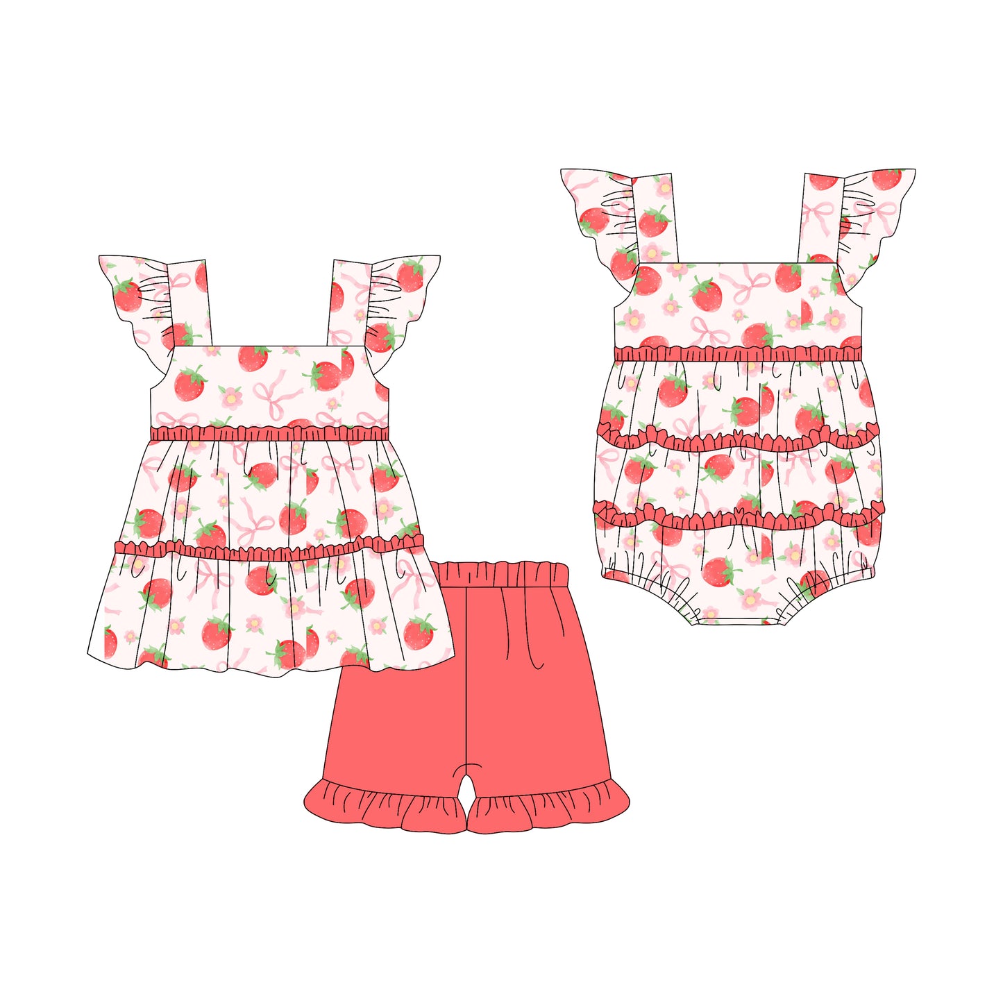 3.7(Custom Design Preorder MOQ 5 Each Design) Strawberry Flowers Print Girls Summer Matching Clothes Sisters Wear