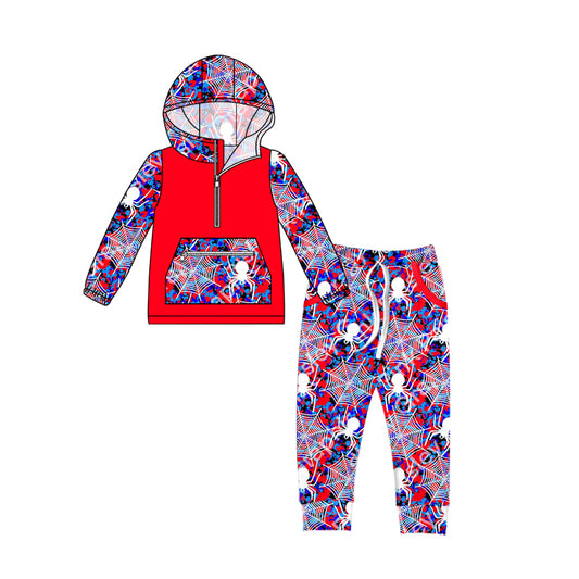 (Custom Design Preorder MOQ 5) Spider Print Red Hoodie Top Pockets Pants Boys Fall Clothes Set
