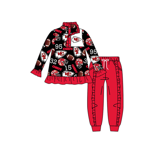 (Custom Design Preorder MOQ 5) Team's KC Black Top Red Pants Girls Fall Clothes Set