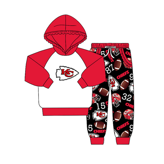 (Custom Design Preorder MOQ 5) Team's KC Red Hoodie Top Pockets Black Pants Girls Fall Clothes Set