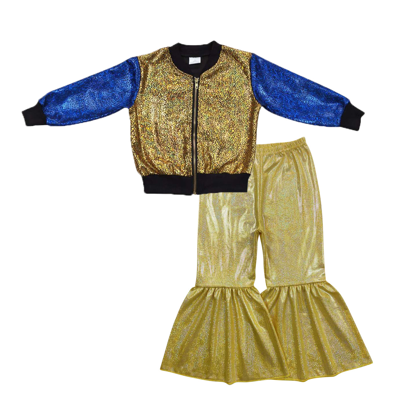 BT0293+P0182 Mustard Blue Sparkle Jackets Top Yellow Bell Pants Girls Fall Clothes Set