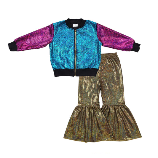 BT0292+P0186 Pink Blue Sparkle Jackets Top Golden Bell Jeans Girls Fall Clothes Set
