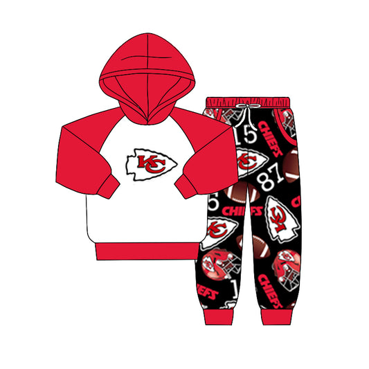 (Custom Design Preorder MOQ 5) Team's KC Red Hoodie Top Pockets Black Pants Boys Fall Clothes Set