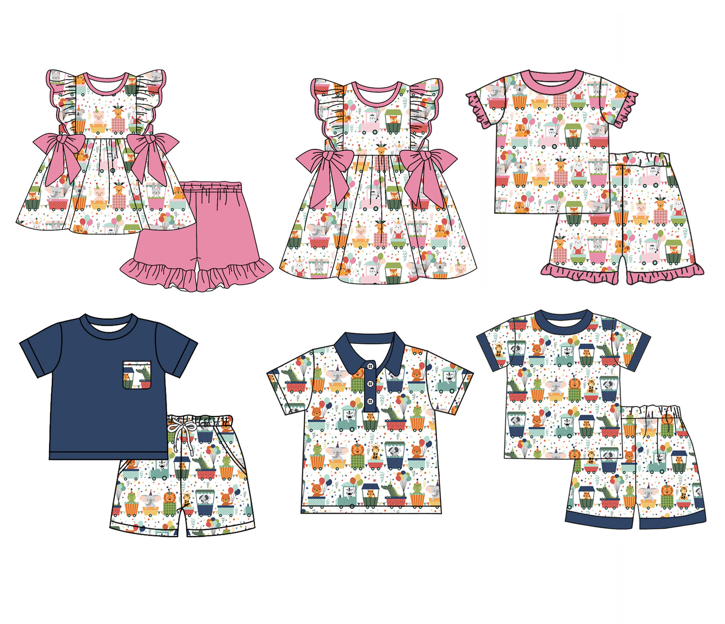 12.11(Custom Design Preorder MOQ 5 Each Design) Train Animals Happy Birthday Print Kids Summer Matching Clothes Sibling Wear