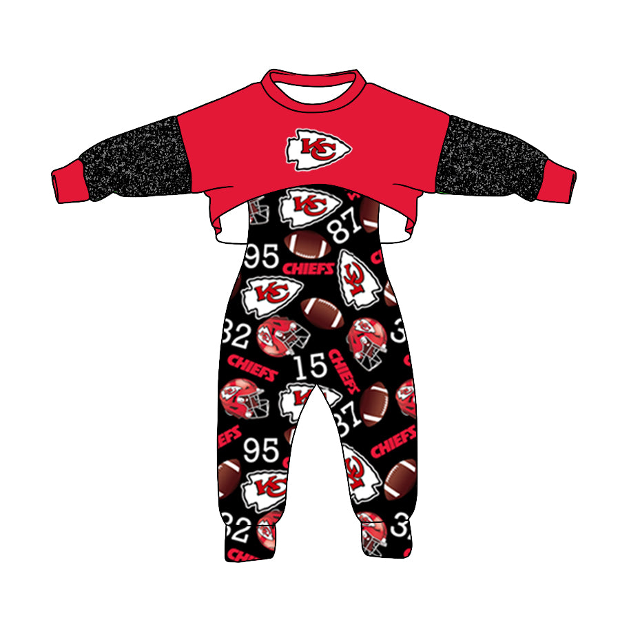 (Custom Design Preorder MOQ 5) Red Top Team's KC Black Jumpsuits Girls Fall Clothes Set