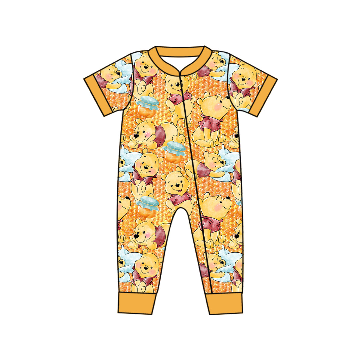 (Custom Design Preorder MOQ 5) Cartoon Bear Print Baby Boys Summer Zipper Romper