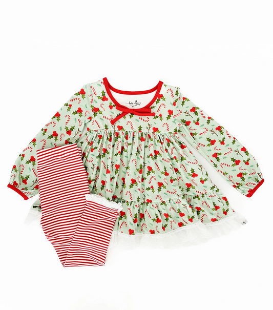 (Custom Design Preorder MOQ 5)   Candy Cane Holly Tunic Top Stripes Pants Girls Christmas Clothes Set