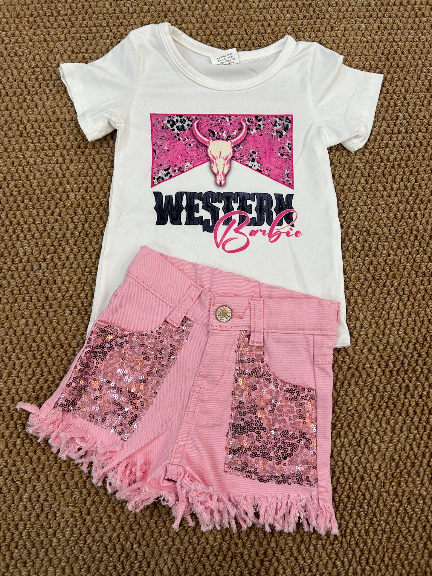 GT0134+SS0230+GB0004 Cow Skull Pink Top Sequins Denim Shorts Girls 3 Pieces Summer Outfits