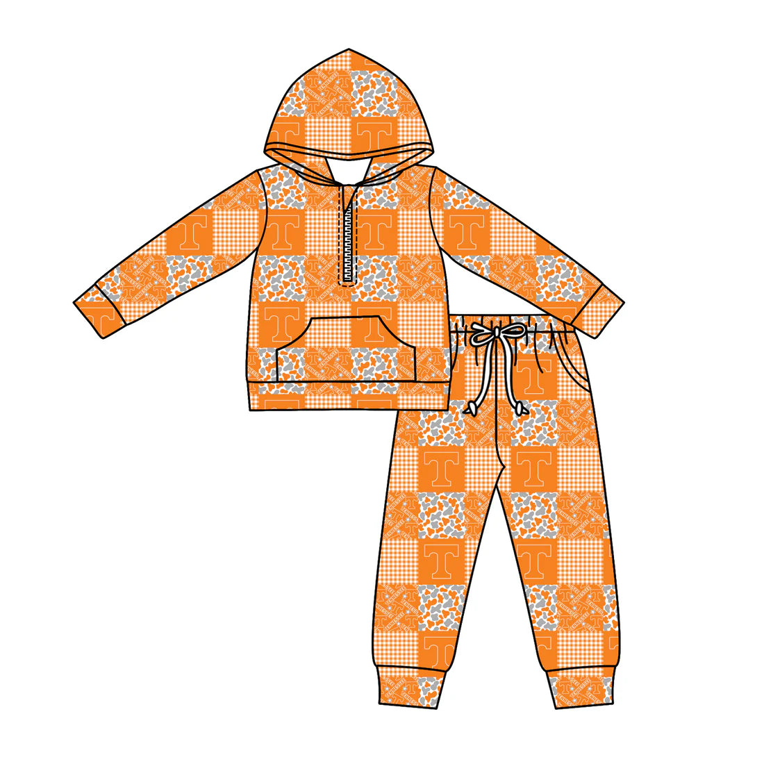 (Custom Design Preorder MOQ 5) Team's Tennessee Plaid Print Zipper Hoodie Top Pockets Pants Kids Fall Clothes Set