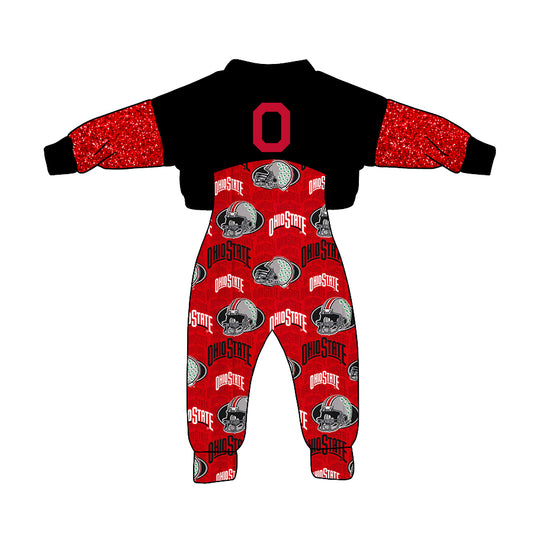 (Custom Design MOQ 5)  NO.15 Red Black Football Team's Print Girls Jumpsuits Clothes Set