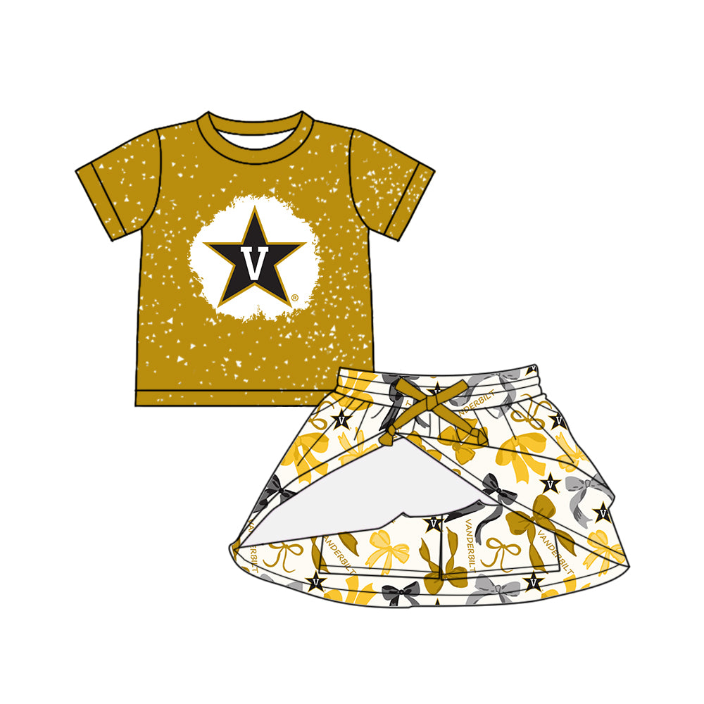(Custom Design Preorder MOQ 5 Each Color) Team's VANDERBILT Bows Print Girls Summer Clothes Sisters Matching Wear
