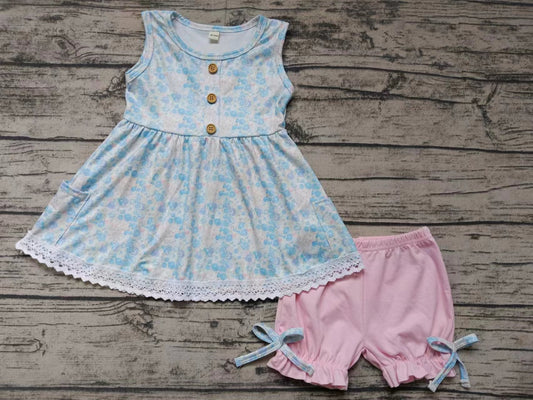 (Custom Design Preorder MOQ 5) Blue Flowers Top Pink Shorts Girls Summer Clothes Set