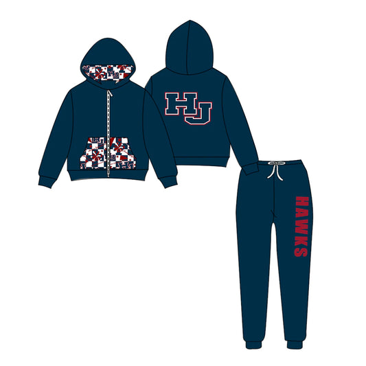 (Custom Design Preorder MOQ 5) Team's HAWKS Zipper Hoodie Top Navy Pants Kids Fall Clothes Set