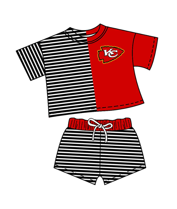(Custom Design Preorder MOQ 5)  Team's Chiefs Stripes Print Shorts Kids Summer Clothes Set
