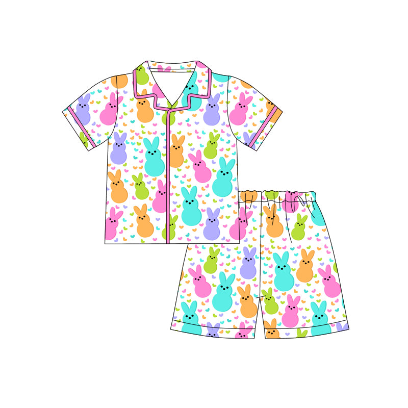 12.10 (Custom Design Preorder MOQ 5) Colorful Bunny Print Girls Easter Buttons Pajamas Clothes Set