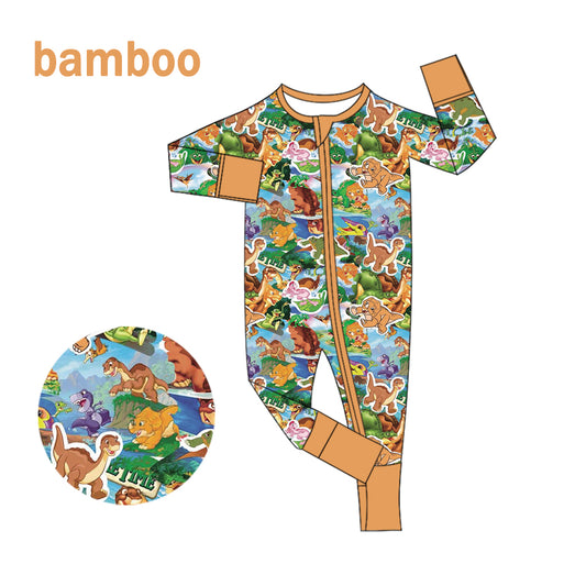 (Custom Design Preorder MOQ 20) Cartoon Dino Print Baby Girls Long Sleeve Bamboo Sleeper Zipper Romper