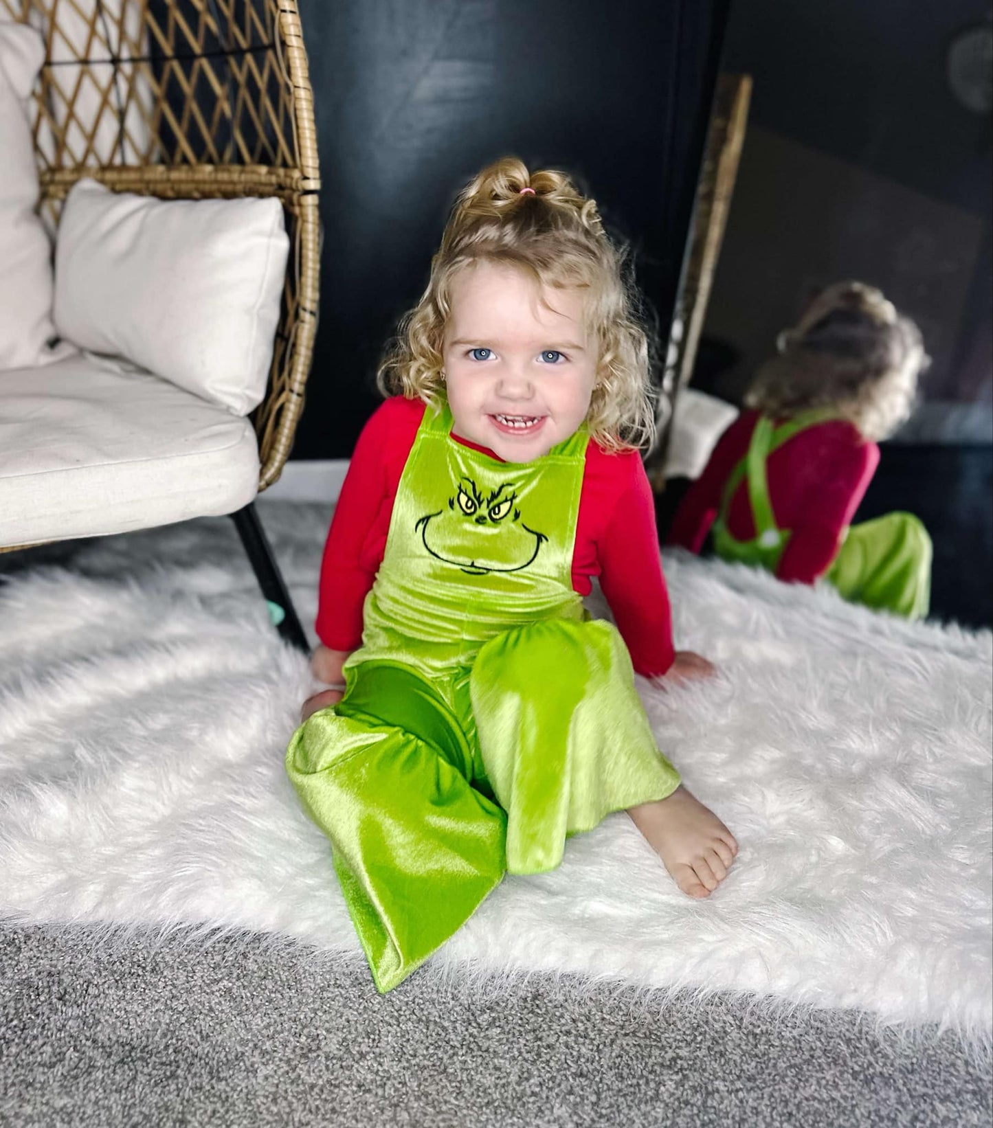 SR2013  Green Frog Face Embroidery Girls Christmas Velvet Jumpsuits