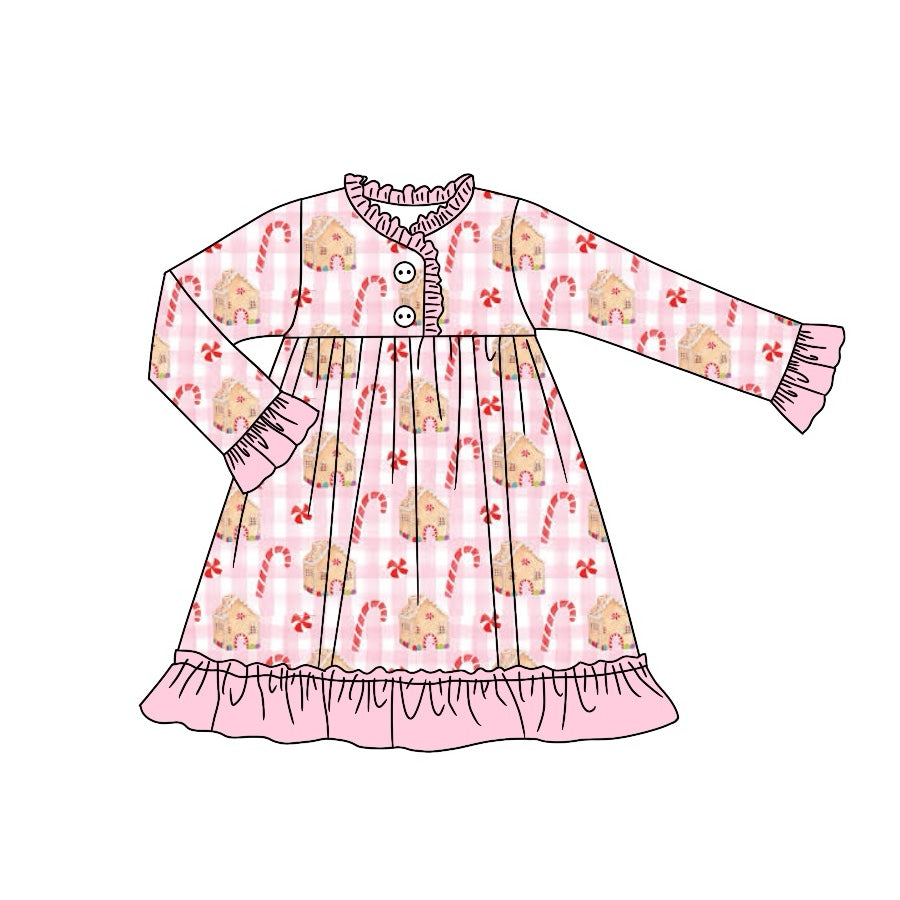 (Custom Design Preorder MOQ 5) Candy House Print Girls Knee Length Gown Christmas Pajamas Dress