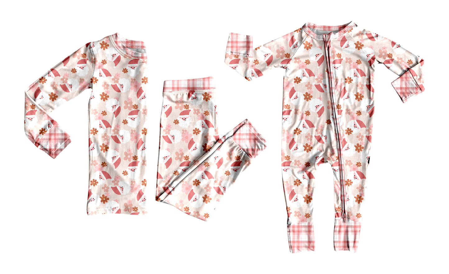 5.24(Custom Design Preorder MOQ 5 Each Design) Santa Pink Flowers Print Girls Christmas Pajamas Matching Clothes Sisters Wear