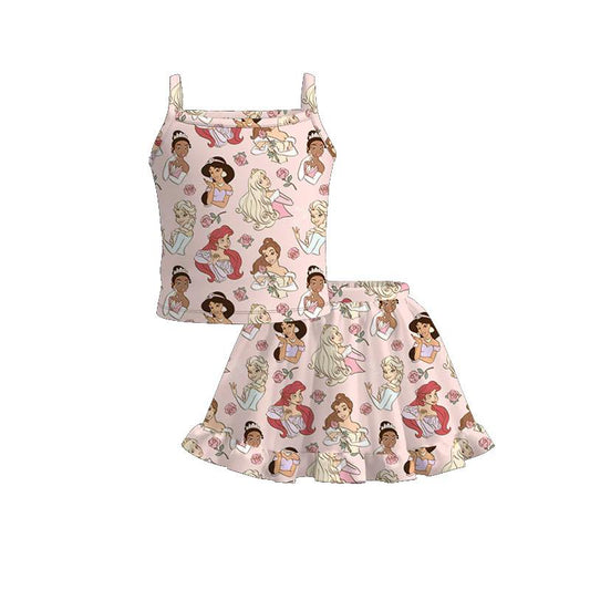 (Custom Design Preorder MOQ 5) Cartoon Princess Flowers Top Skirts Girls Summer Clothes Set