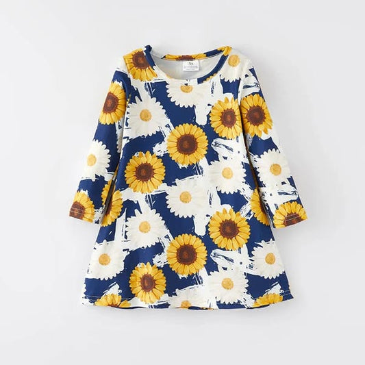 (Custom Design Preorder MOQ 5) Sunflowers Print Girls Knee Length Dress
