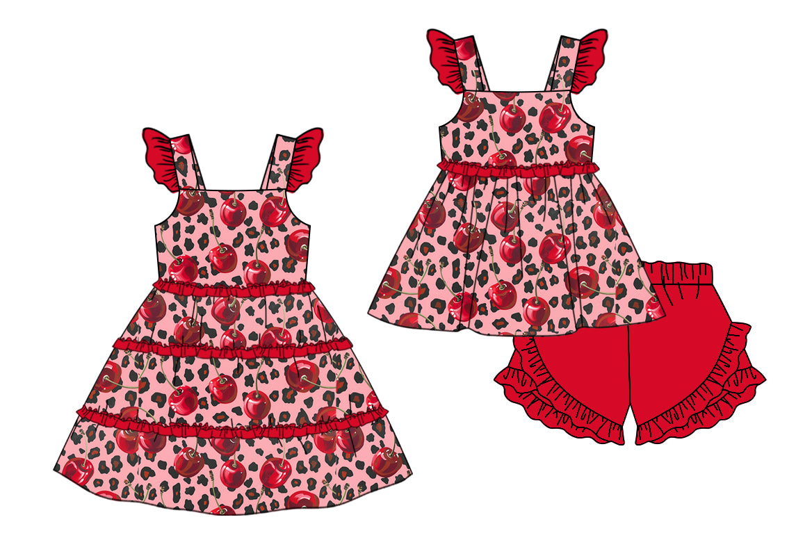 12.9(Custom Design Preorder MOQ 5 Each Design) Cherry Leopard Red Print Girls Summer Matching Clothes Sisters Wear