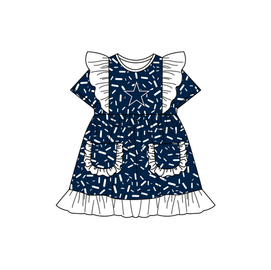 (Custom Design Preorder MOQ 5) Team's Cowboys Sprinkles Print Pockets Girls Summer Knee Length Dress