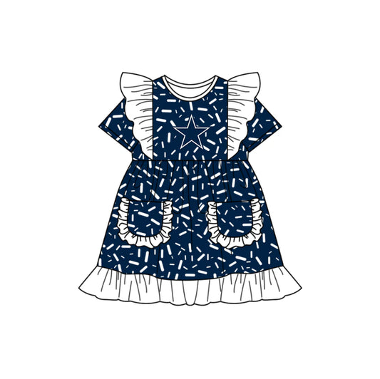 (Custom Design Preorder MOQ 5) Team's Cowboys Sprinkles Print Pockets Girls Summer Knee Length Dress
