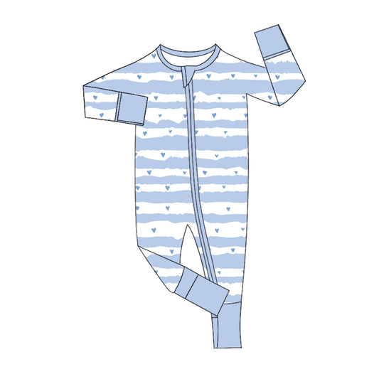 (Custom Design Preorder MOQ 5) Heart Blue Print Baby Boys Valentine's Day Bamboo Sleeper Zipper Romper