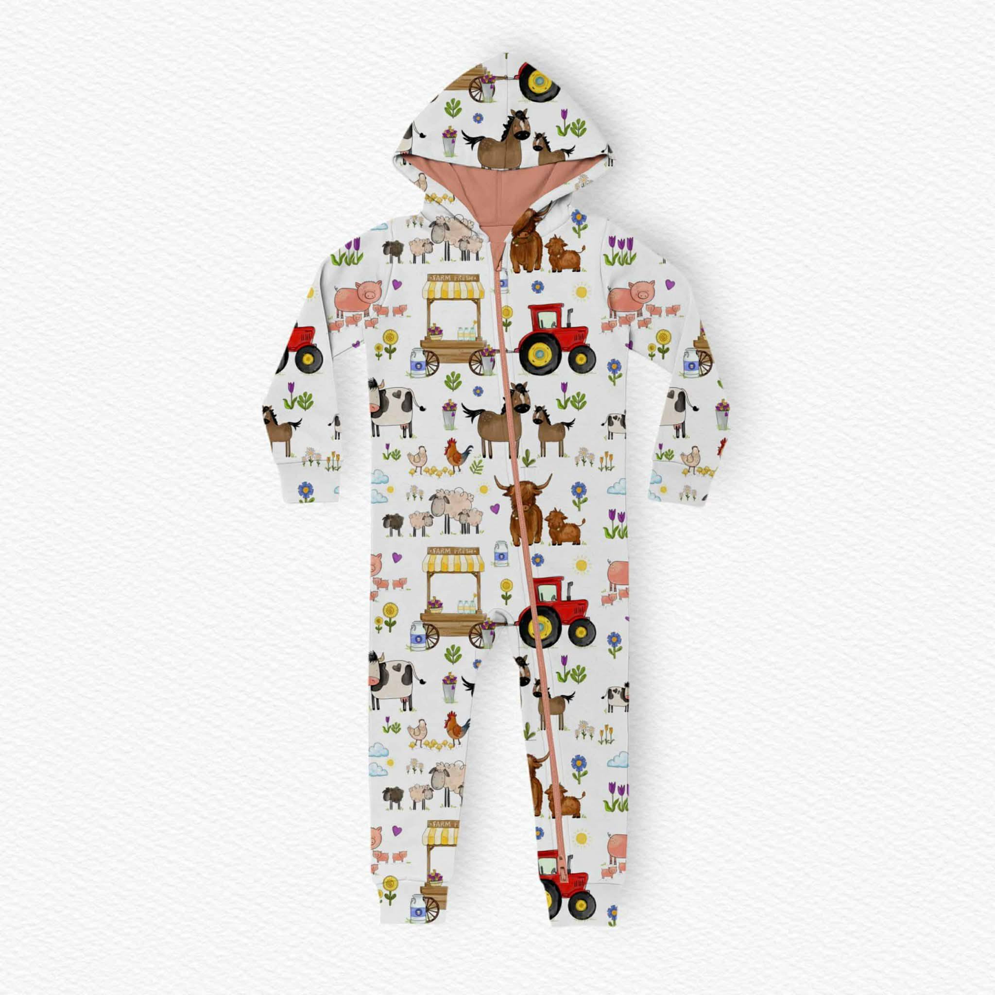 (Custom Design Preorder MOQ 5) Farm Animals Pink Print Baby Hoodie Zipper Sleeper Romper