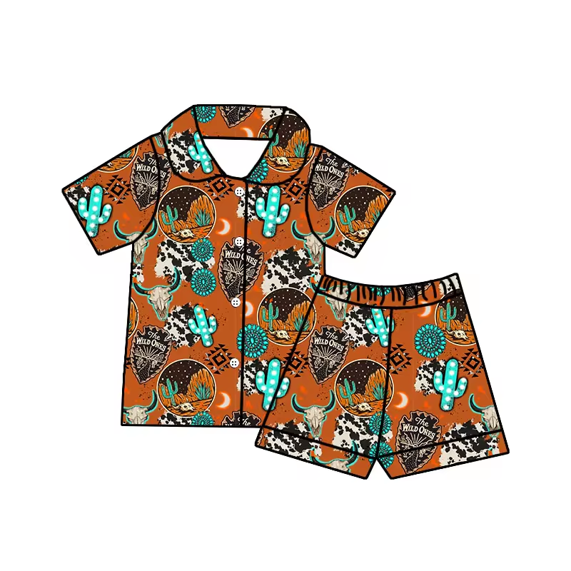 (Custom Design Preorder MOQ 5)  Turquoise Cactus Aztec Print Boys Summer Pajamas Western Clothes Set