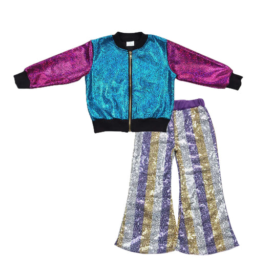 BT0292+P0276 Pink Blue Sparkle Jackets Top Purple Golden Stripes Sequin Bell Jeans Girls Fall Clothes Set
