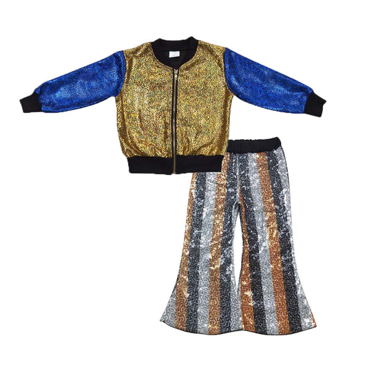 BT0293+P0278 Mustard Blue Sparkle Jackets Top Black Golden Stripes Sequin Bell Pants Girls Fall Clothes Set
