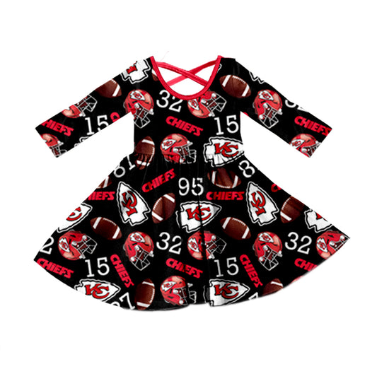 (Custom Design Preorder MOQ 5)  Team's KC Black Print Girls Fall Knee Length Dress