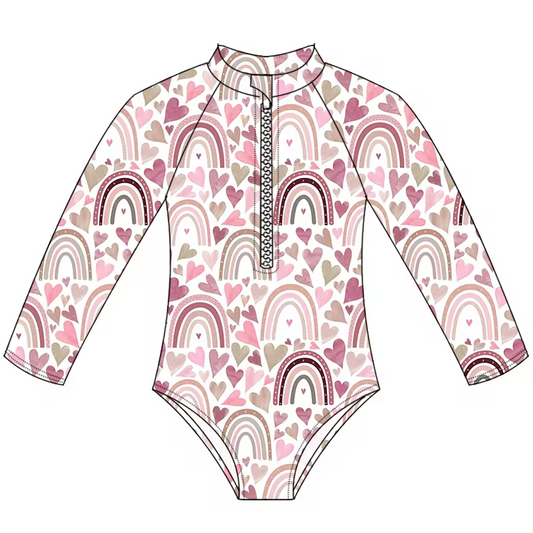 (Custom Design Preorder MOQ 5)  Pink Heart Rainbow Print Girls 1 Piece Long Sleeve Zipper Swimsuits