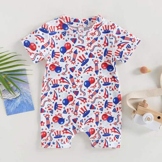 (Custom Design Preorder MOQ 5) Stars Hat Print Baby 4th of July Romper