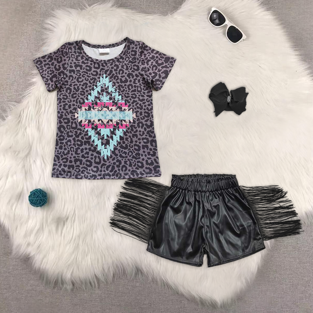 GT0239+SS0094 Aztec Leopard Top Tassel Black Pleather Shorts Girls Summer Clothes Set