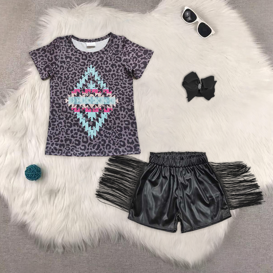 GT0239+SS0094 Aztec Leopard Top Tassel Black Pleather Shorts Girls Summer Clothes Set