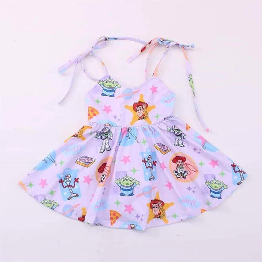 (Custom Design Preorder MOQ 5)  Cartoon Toys Print Girls Knee Length Summer Strap Dress