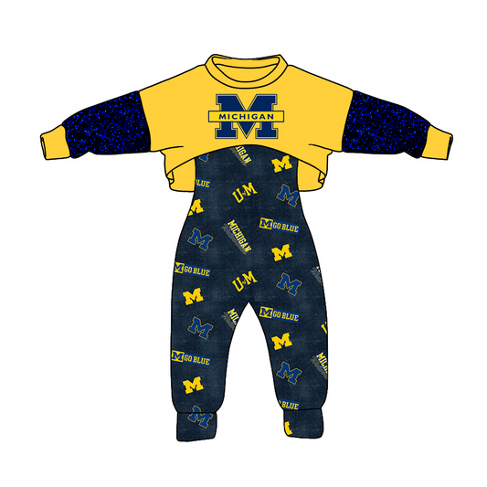 (Custom Design Preorder MOQ 5) Team's MICHIGAN Print Jumpsuits Girls Fall Clothes Set