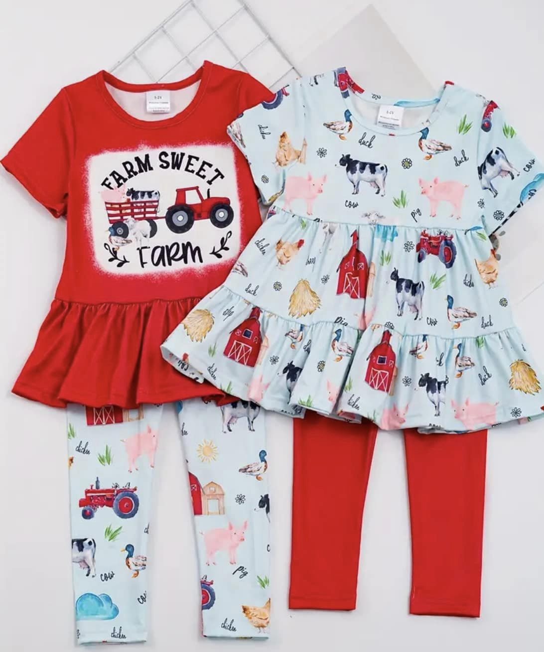 (Custom Design Preorder MOQ 5)  Farm Animals Tunic Top Red Leeging Pants Girls Clothes Set