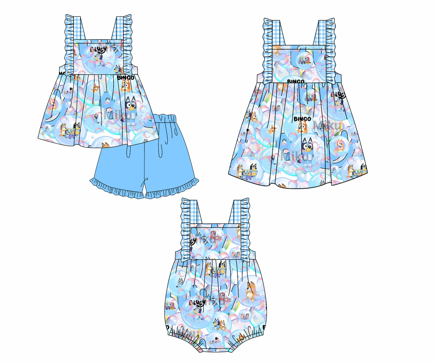 12.12(Custom Design Preorder MOQ 5 Each Design) Cartoon Dog Blue Print Girls Summer Matching Clothes Sisters Wear
