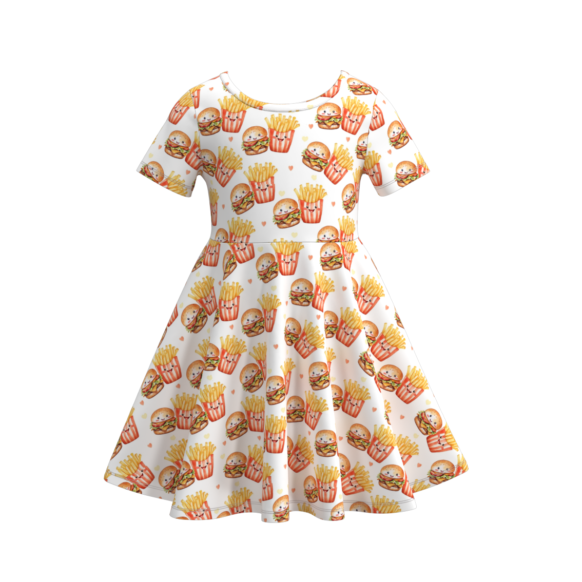 (Custom Design Preorder MOQ 5) Chips Hamburger Print Girls Knee Length Summer Dress